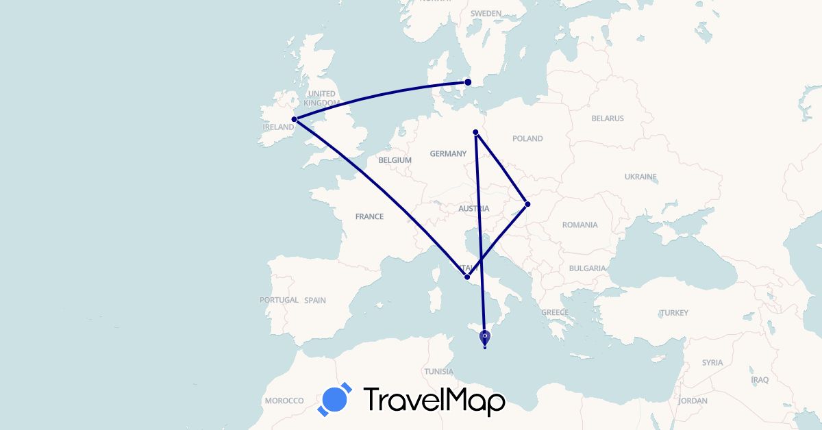 TravelMap itinerary: driving in Germany, Denmark, Hungary, Ireland, Italy, Malta (Europe)